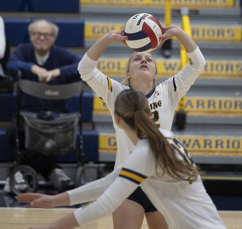 Sterling’s Madison Birdsley sets the ball against Galesburg Thursday, Oct. 16, 2025.