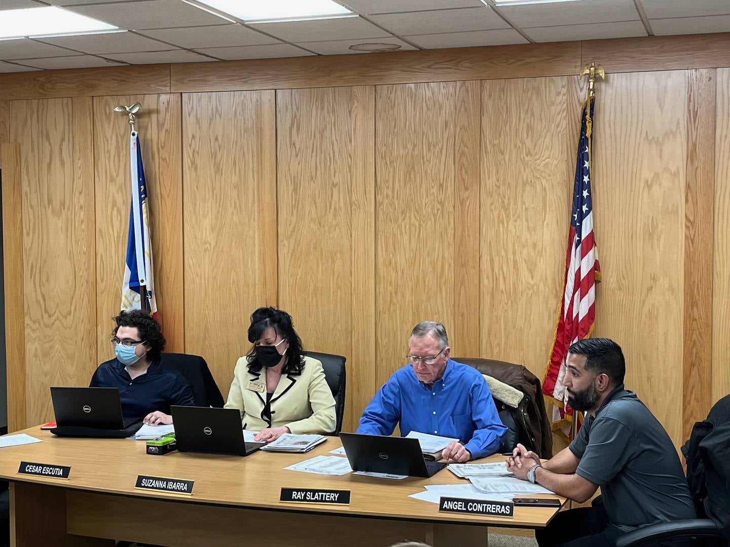 Joliet Township Trustees Cesar Escutia (left), Suzanna Ibarra, Ray Slattery and Joliet Township Supervisor Angel Contreras at the township board meeting on Tuesday, March 8, 2021.