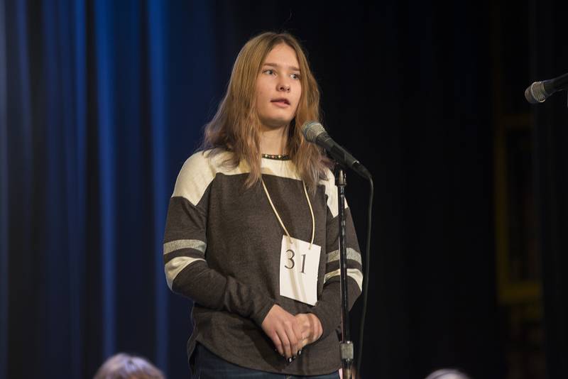 Cadence Bollman of PLT Middle School competes in the Lee-Ogle-Whiteside Regional Spelling Bee Thursday, Feb. 24, 2022. Bollman misspelled the word “excursion.”