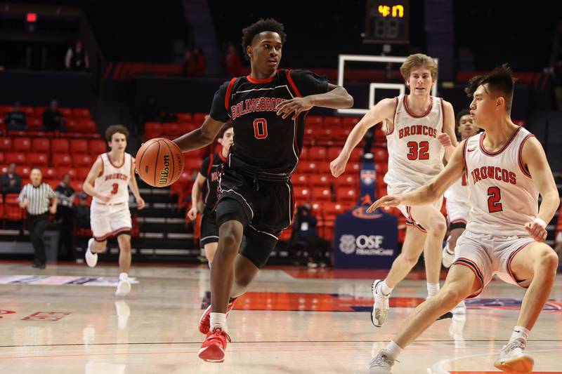 Bolingbrook’s Mekhi Cooper drives to the basket against Barrington in the Class 4A 3rd place match at State Farm Center in Champaign. Friday, Mar. 11, 2022, in Champaign.