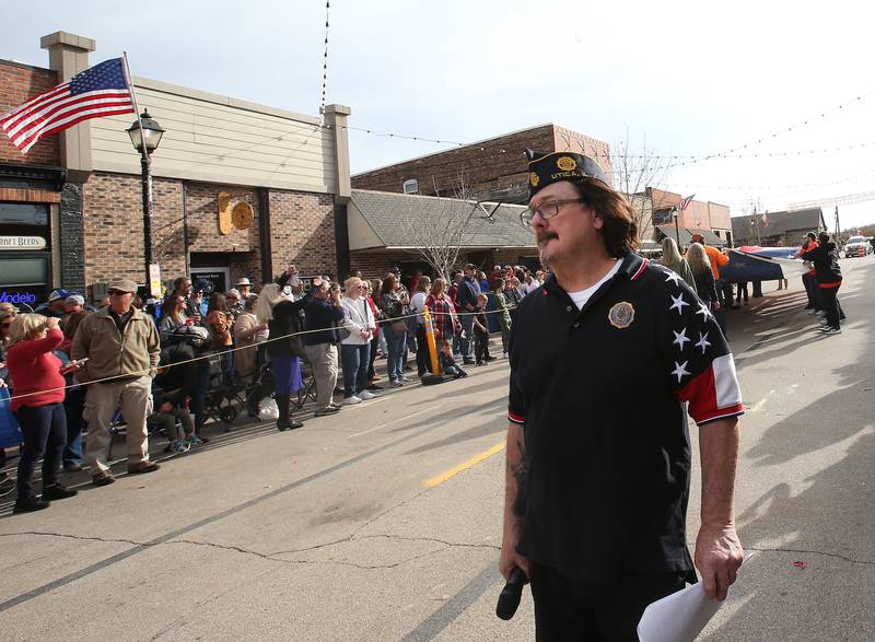 Dana Hyson, Commander of American Legion Pierce-Davis Post 731 watches the 16th annual Utica Veterans Parade and Air Show roll down Mill Street on Sunday Nov. 5, 2023 downtown Utica.
