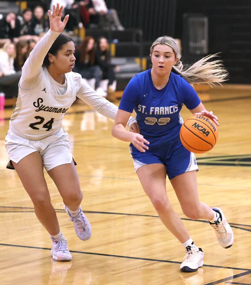 St. Francis' Téa Rubino goes to the basket against Sycamore's Monroe McGhee during their game Thursday, Jan. 4, 2023, at Sycamore High School.