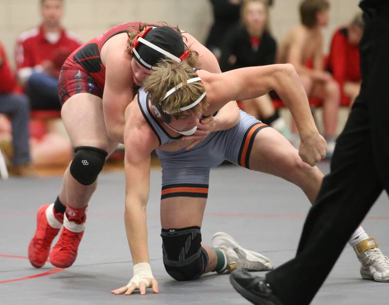 Streator's Stephen Goplin wrestles Sandwich's Josh Lehman during a meet on Wednesday, Dec. 13, 2023 in Sellett Gymnasium at L-P High School.