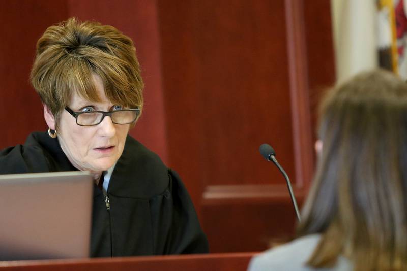 Judge Robbin Stuckert talks with First Assistant State's Attorney Stephanie Klein, right, on Thursday, May 4, 2017 at the DeKalb County Courthouse in Sycamore. Stuckert granted the state's request to remove three doctors from the defense's list of witnesses for 2014 murder trial in the case against Nicholle Martinez, which will start Tuesday.