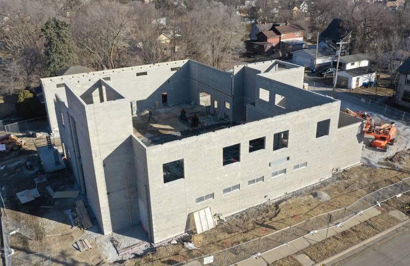 An aerial view of the La Salle-Peru Township High School new Agriculture Center on the southeast corner of Sixth and Creve Coeur streets on Wednesday, Feb. 11, 2026 in La Salle.