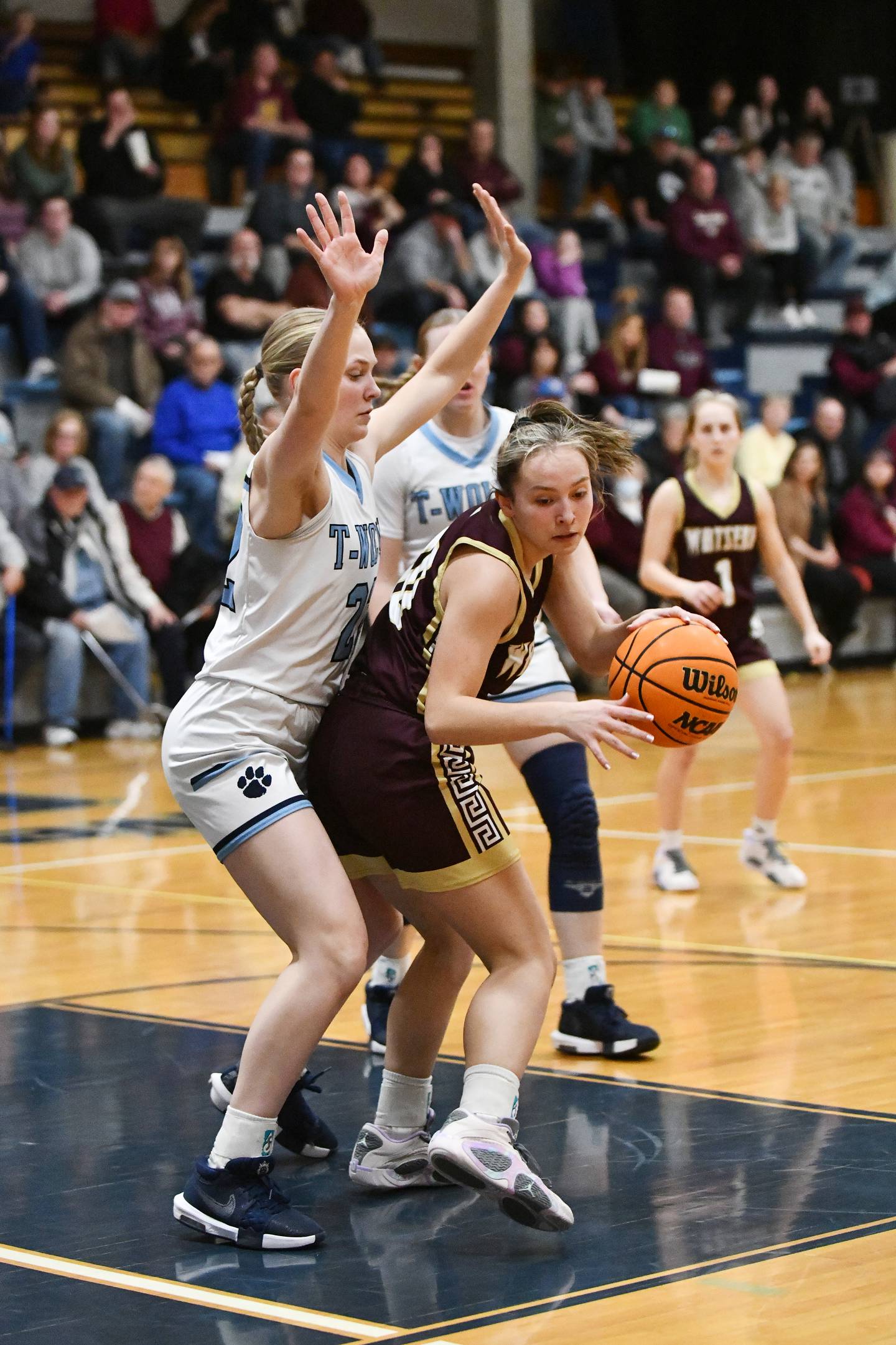 Watseka-Milford's Christa Holohan is pressured by Cissna Park's Josie Neukomm on Monday, Feb. 10, 2025, during the Timberwolves' 61-40 victory over Watseka-Milford.