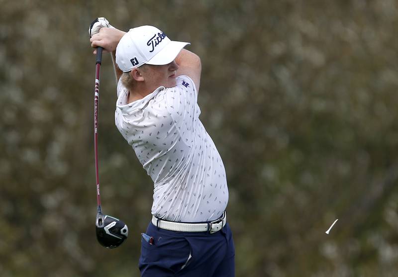 Rochelle's Ian Metzger watches his tee shot on the ninth hole during the IHSA Class 2A Crystal Lake South Boys Golf Regional on Wednesday, Oct. 1, 2025 at RedTail Golf Club in Lakewood.