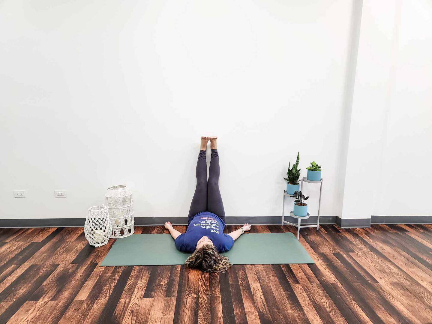 Legs Up the Wall: This restful pose is soothing to mind and body. Scoot
your bottom a few inches from the base of a wall and position your legs
to go up toward the ceiling, resting on the wall. Stay in this pose for up to
15 minutes. To get out, bend your knees and roll to your side.