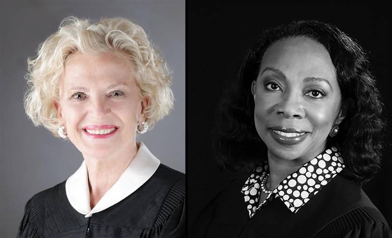 Supreme Court Chief Justice Anne M. Burke, left, is pictured in her official court photo. At right is Appellate Justice Joy V. Cunningham, who will replace her. (Photos courtesy of Illinois courts).