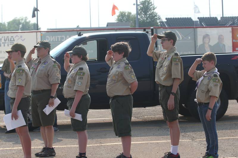 Boy Scout Troop 123 of Peru salutes the United States of America Flag during the Flag Retirement Ceremony on Wednesday, June 14, 2023 at Veterans Park in Peru. Each year on Flag Day, the group retires flags while holding a ceremony with Boy Scout Troop 123 and Cub Scout 3709 from Peru.