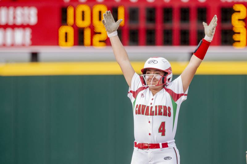 La Salle-Peru's Grace Pecchio (4) celebrates her fourth-inning leadoff double against Ottawa Monday, April 22, 2024, at the L-P Athletic Complex in La Salle.