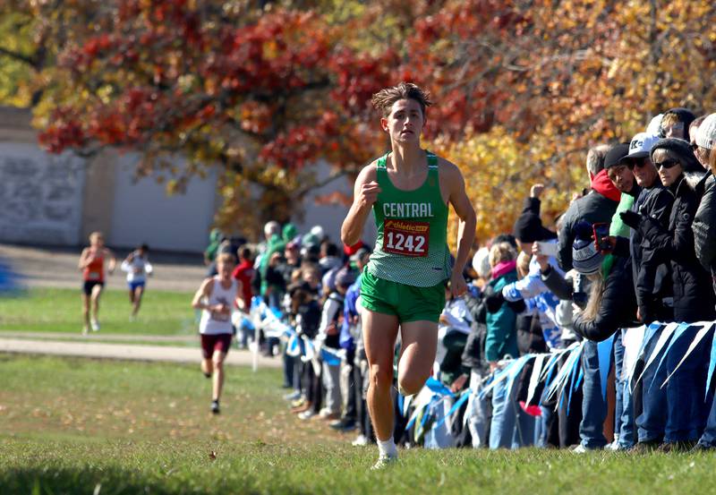Grayslake Central’s Trey Sato wins a boys Class 2A Sectional Cross Country Meet at Emricson Park in Woodstock Saturday.