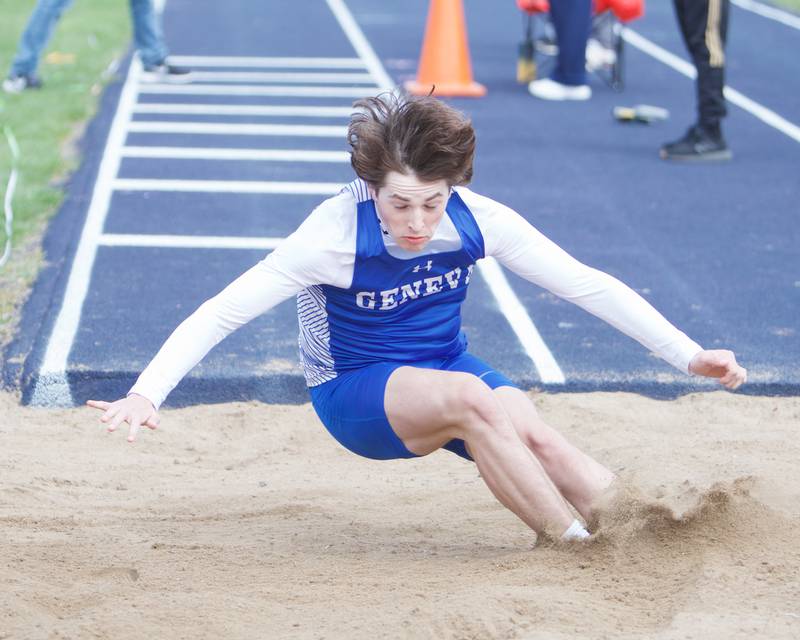 Geneva's Max Allabaugh competes in the Triple Jump at the Peterson Prep Invitational by Kaneland on Saturday, April 20,2024 at West Aurora High School in Aurora.