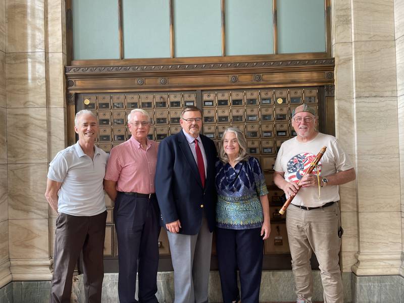 Starved Rock Country Community Foundation CEO Fran Brolley (from left), Board President Reed Wilson, donor and board member Tom Heitmann, Mary Heitmann and Flutes for Vets President Kenneth Troyan met recently at the SRCCF’s La Salle office. The foundation has facilitated $3,000 in donations to Flutes for Vets.