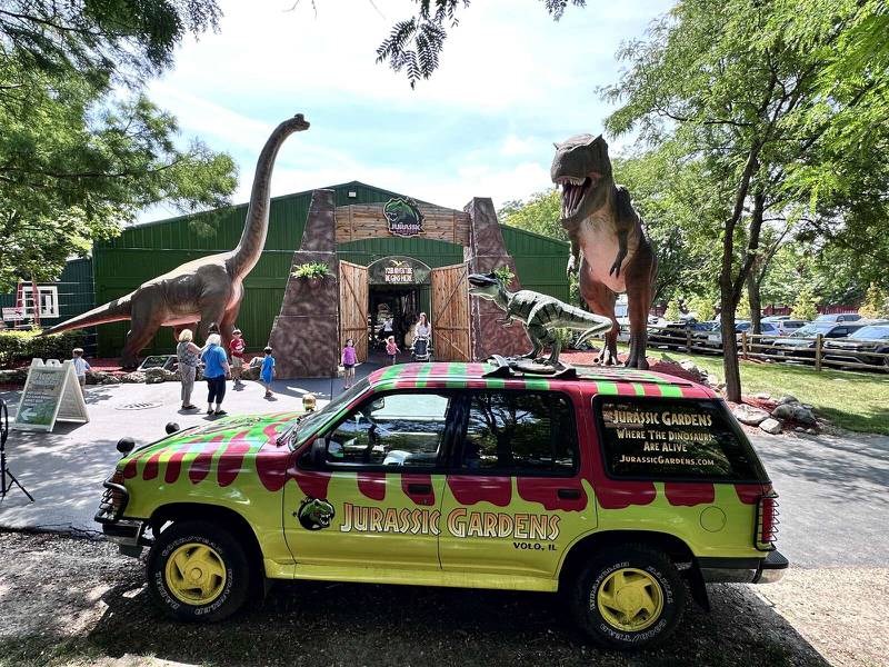 Jurassic Gardens, with realistic animatronic dinosaurs in a safari exhibit, is one of the attractions at the Volo Museum.