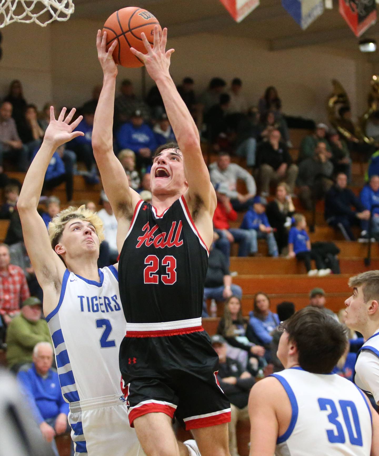 Hall's Braden Curran drives to the hoop to score over Princeton's Landon Roark and Sean Maynard on Friday, Jan. 26, 2024 at Princeton High School.