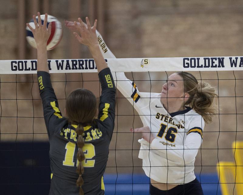 Sterling’s Kasey Weeks hammers a shot against Galesburg Thursday, Oct. 16, 2025.