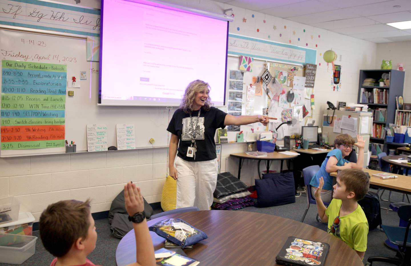Cindy Babich works with her fifth-graders at Kaneland Blackberry Creek Elementary School in Elburn. Babich is a nominee for the Regional Office of Education’s Educator of the Year award.