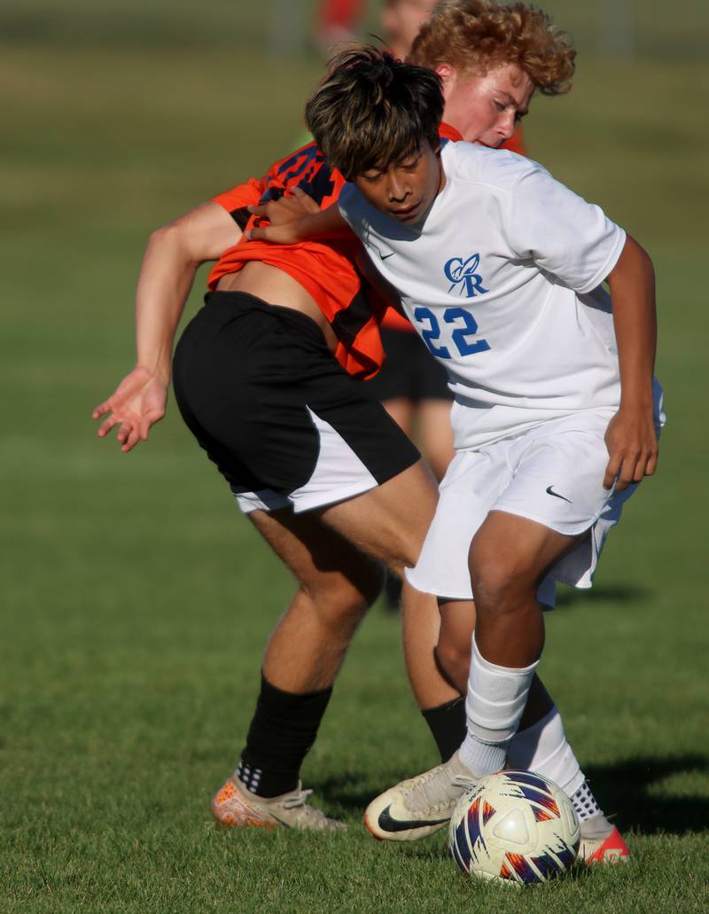 Burlington Central’s AJ Valladares, front, battles Crystal Lake Central’s Gavin Kane in varsity soccer on Thursday Sept. 26, 2024, at Crystal Lake Central High School in Crystal Lake.