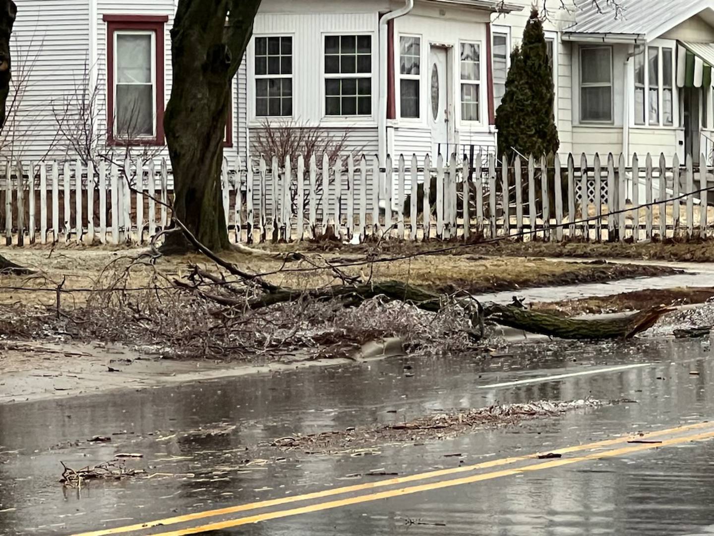 East Lincoln Highway between ninth and 11th streets was briefly closed Wednesday afternoon, Feb. 22, 2023 for downed live wires and a large tree branch blocking the roadway, according to the city of DeKalb. Wednesday brought with it consistent freezing rain.