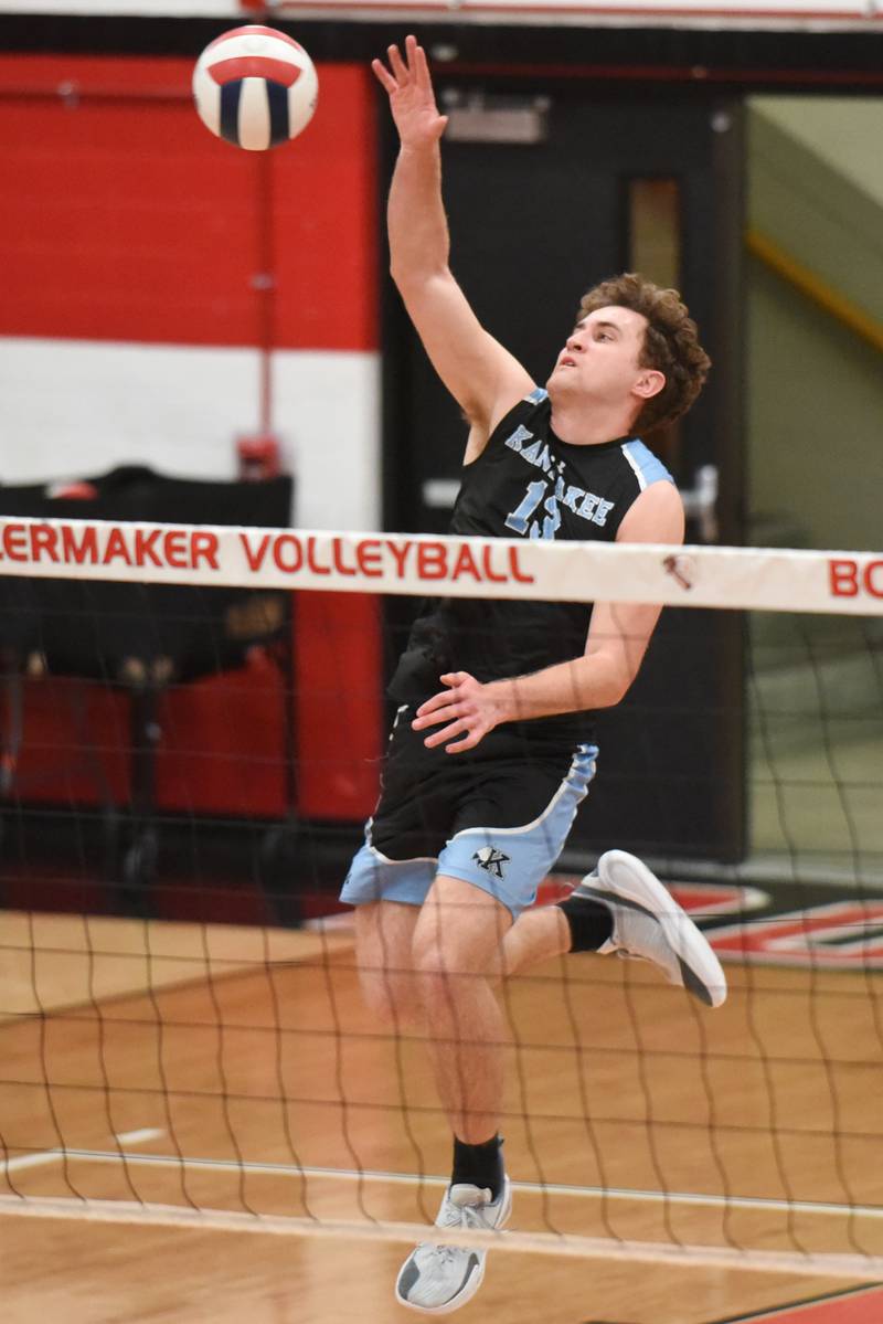 Kankakee's Eli Cunningham hits the ball during a game at Bradley-Bourbonnais Thursday, April 9, 2026.
