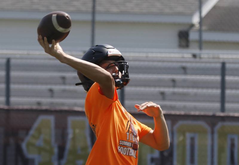 Crystal Lake Central’s Evan McMahon throws a pass during a 7 on 7 football practice Monday, July 14, 2025, at Richmond-Burton High School, with teams from Richmond-Burton . Grayslake Central and Mundelein.