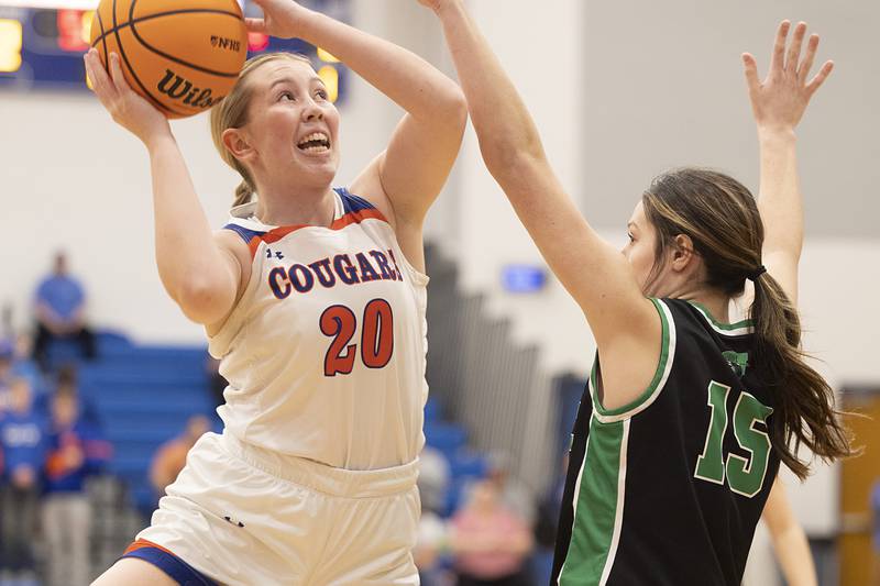 Eastland’s Tatum Grim looks puts up a shot against Wethersfield’s Camryn Anderson Tuesday, Feb. 24, 2026, in the Class 1A sectional at Eastland High School.