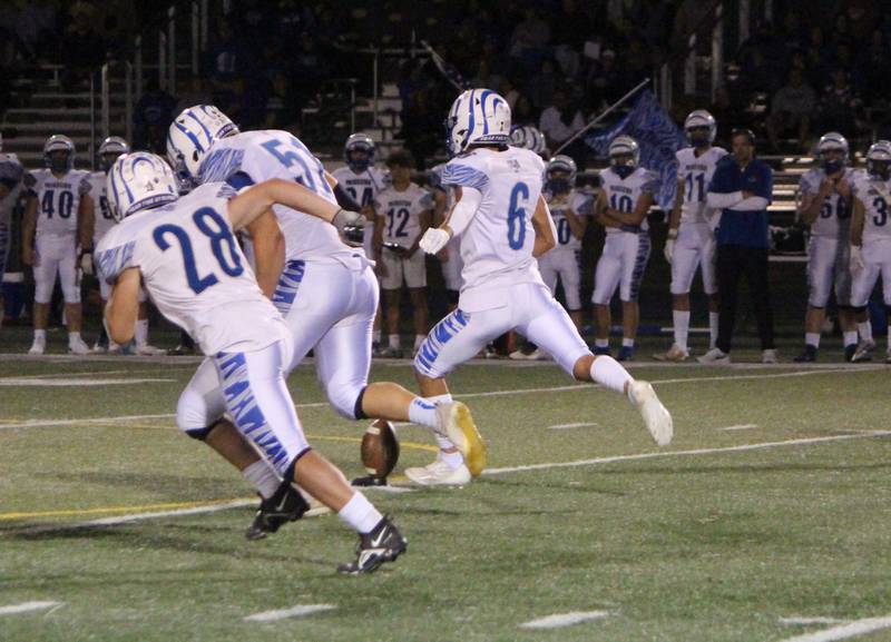 Princeton’s Carlos Benavidez goes for the kick during a game at Newman on Friday, Sept. 8, 2023.