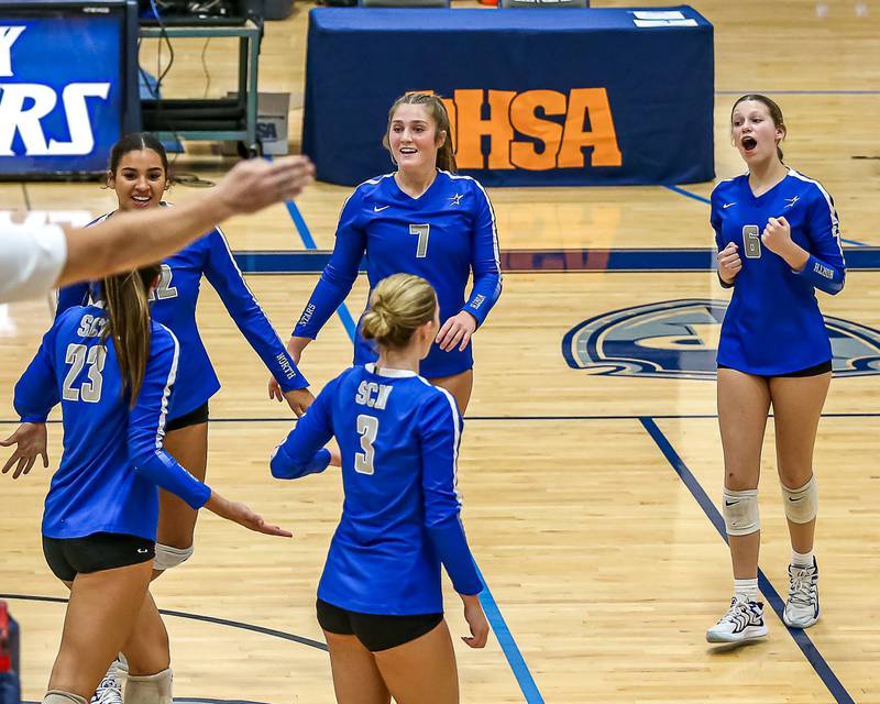 St Charles North celebrates a point during Class 4A Lake Park Regional final volleyball match between Wheaton North at St Charles North.  Oct 31, 2024  in Roselle.