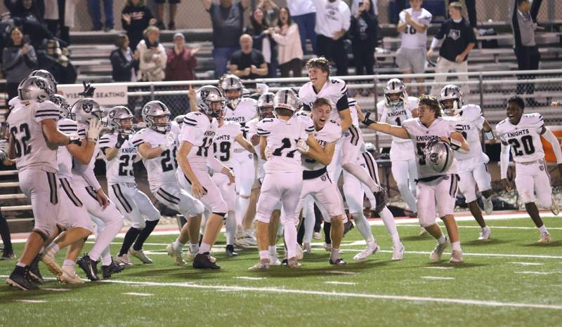 Members of the Kaneland football team react after defeating L-P on Friday, Oct. 17, 2025 at Howard Fellows Stadium.