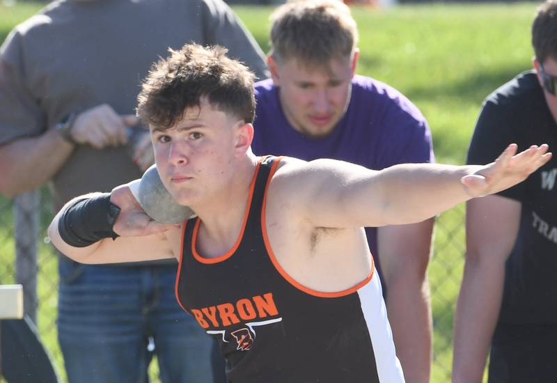 Byron's Brady Kann throws the shot at the Big Northern Conference Meet at Stillman Valley on Thursday, May 14, 2026.
