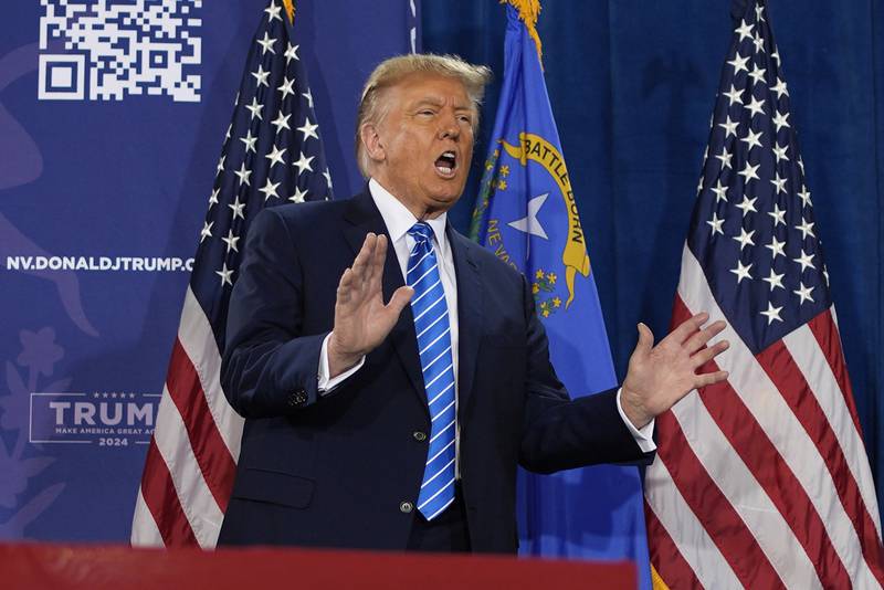 Republican presidential candidate former President Donald Trump speaks at a campaign event Saturday, Jan. 27, 2024, in Las Vegas. (AP Photo/John Locher)