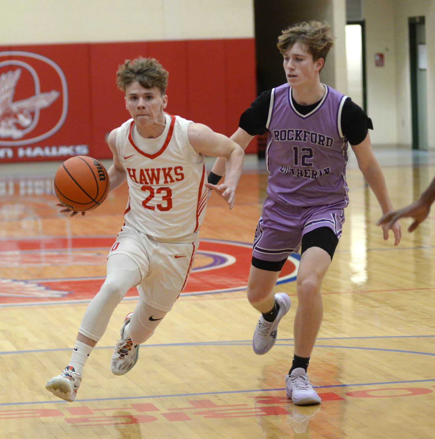 Oregon's Noah Johnson (23) drives the lane during a Tuesday, Jan. 30, 2024 game against Rockford Lutheran at the Blackhawk Center in Oregon.
