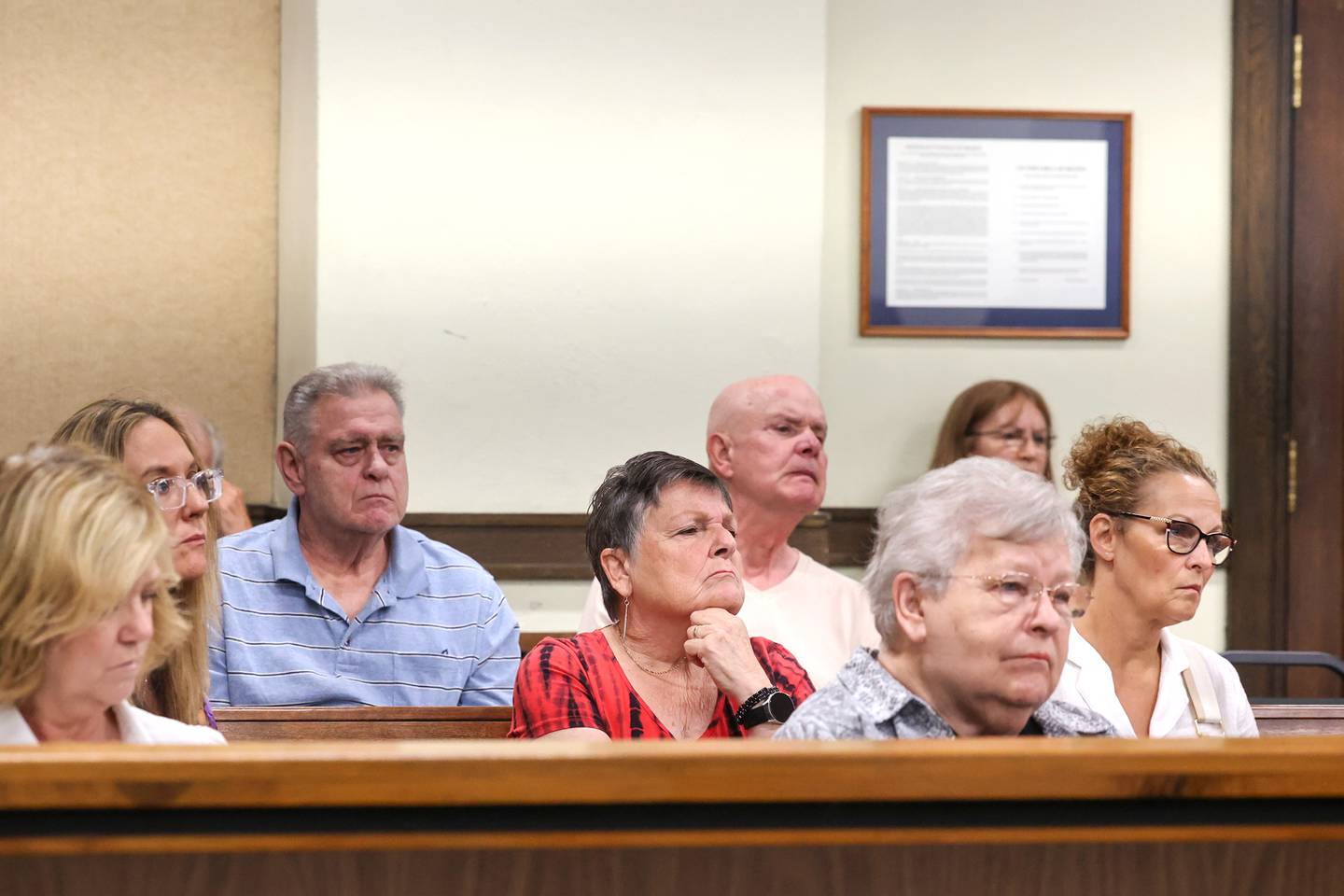 Members of the Concerned Citizens of Manteno listen to court procedings in Circuit Judge Lindsay Parkhurst's courtroom during the Concerned Citizens of Manteno vs. Village of Manteno & Gotion Inc. lawsuit hearing in the 21st Judicial Court in Kankakee on Wednesday, May 14, 2025.