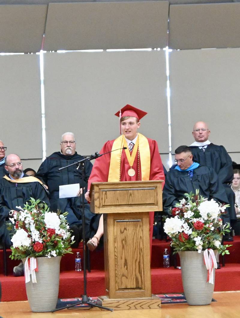 Nolan Lukach gives the opening message to Streator Township High School graduates during the  Class of 2025 Commencement ceremony on Sunday, May 18, 2025 at Streator Township High School.