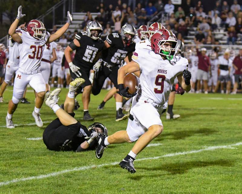 Morris's Cade Curran (9) gets past Kaneland’s defenders during the game on Friday Sept. 26, 2025, held at Kaneland High School.