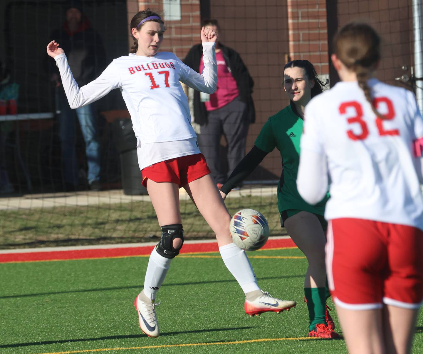 Streator's Jordan Hatzer kicks the ball out of the box on Friday, March 27, 2026 at the L-P athletic complex in La Salle.