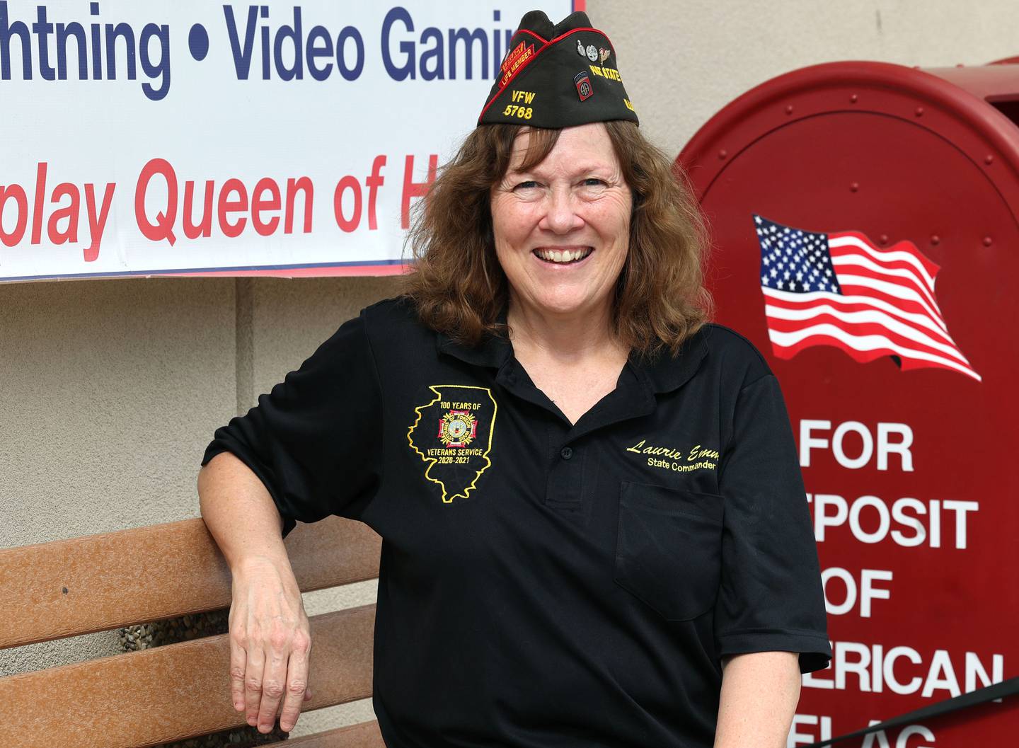 DeKalb County Board member and U.S. Army veteran Laurie Emmer, first woman to command the Illinois Veterans of Foreign Wars, outside of the Sycamore Veterans Club Wednesday, Oct. 4, 2023.