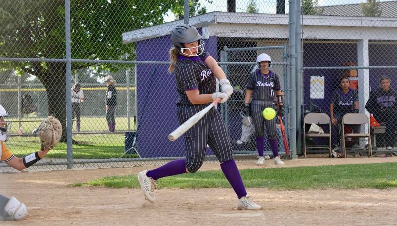 Rochelle's Madigan Williams follows through on a swing during the Hubs' game with Sterling. Williams was 2 for 5 with a double and three RBIs.
