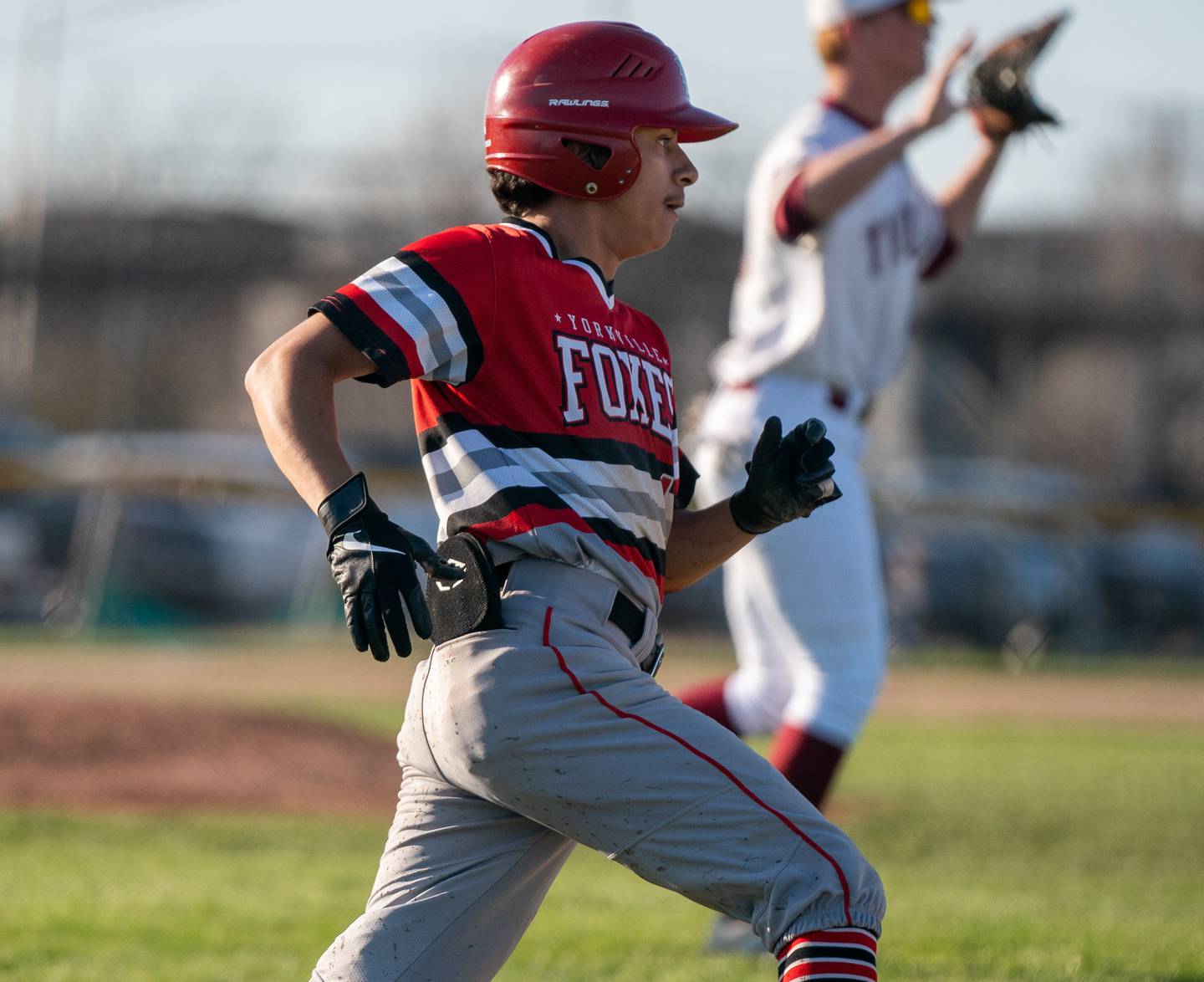 Yorkville's Isaiah Rodriguez (1) runs to first after hitting a two run single against Plainfield North during a baseball game at Plainfield North High School on Thursday, April 21, 2022.