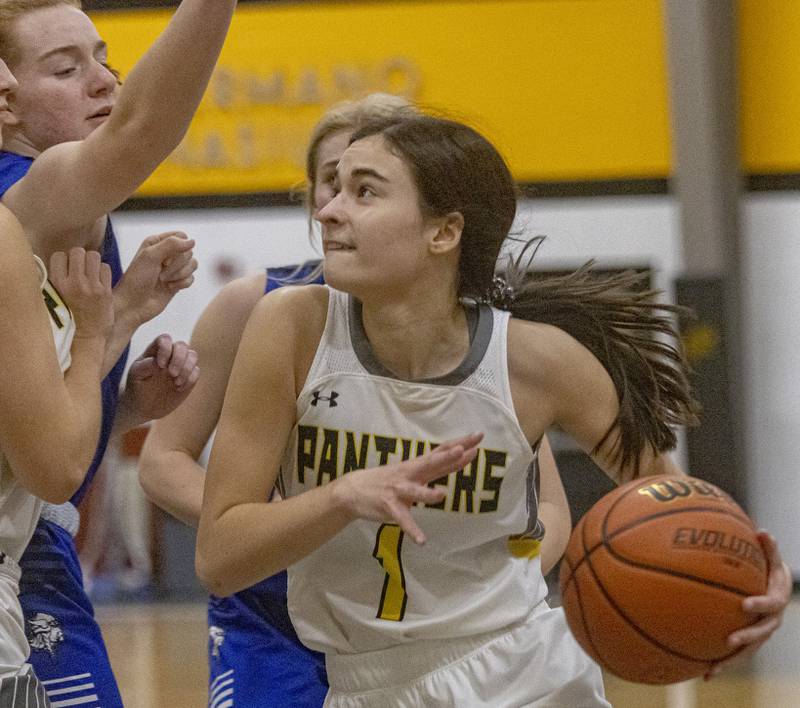 Putnam County's Ava Hatton attemps to move the ball into the lane against Newark during the Class 1A Regional final game on Thursday, Feb. 16, 2023 at Putnam County High School.