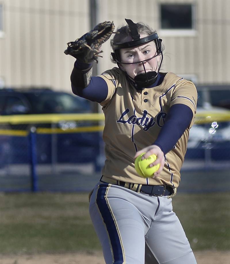 Marquette starting pitcher Kaylee Killelea lets go with a pitch on Monday, March 27, 2023 at Marquette.
