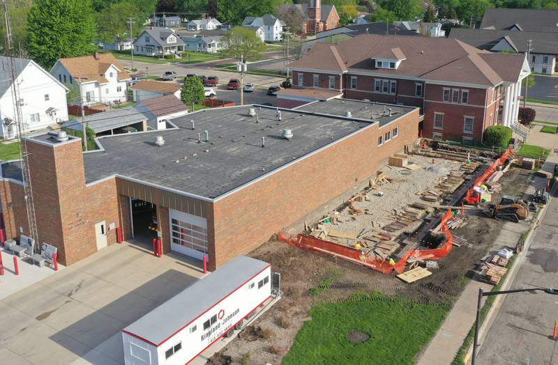 Workers with Ringland-Johnson Construction build an addition to the Princeton Fire Department on Wednesday, April 29, 2026 in Princeton. Princeton Fire Department will add new sleeping quarters adjacent to the fire trucks, creating more space and improving efficiency for crew members. The expansion comes after space concerns were raised to the Princeton City Council last June, marking the first major update to the station since 1978, with completion expected by early fall.