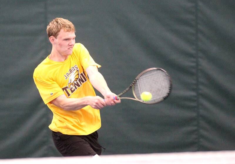 Thomas Nelson of Jacobs returns the ball to Aproov Sagar Pitta of Buffalo Grove (not pictured) during the first round of the 2A IHSA boys tennis state championships at the Five Star Tennis Center in Plainfield on Thursday, May 26, 2022.