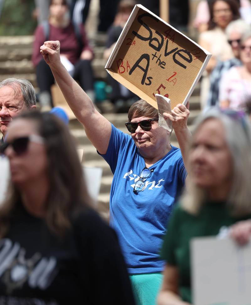 Attendees hold signs and cheer Wednesday, April 23, 2025, during a rally to support Northern Illinois University’s international students, faculty and staff, in front of Founders Memorial Library at NIU in DeKalb.