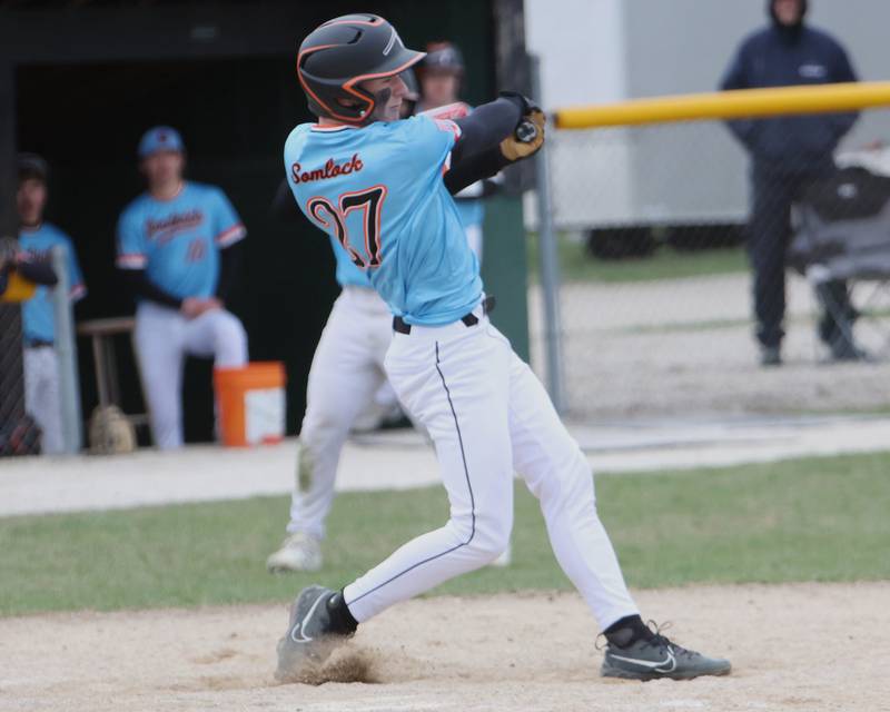 Griffin Somlock takes a swing against Aurora Christian on Tuesday, April1, 2025 in Sandwich.