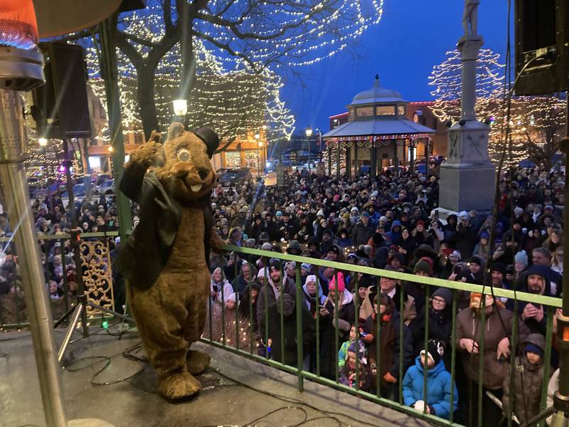 Woodstock Willie, in formalwear, revs up the crowd on Groundhog Day, Feb. 2, 2025, in Woodstock ahead of his animal counterpart's spring prediction.