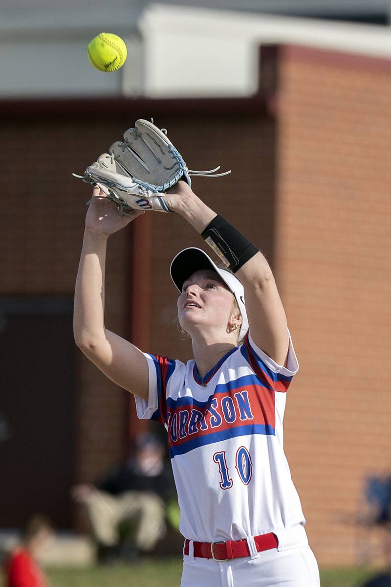 Morrison’s Elle Milnes camps under a pop-up against Erie-Prophetstown Thursday, May 14, 2026.