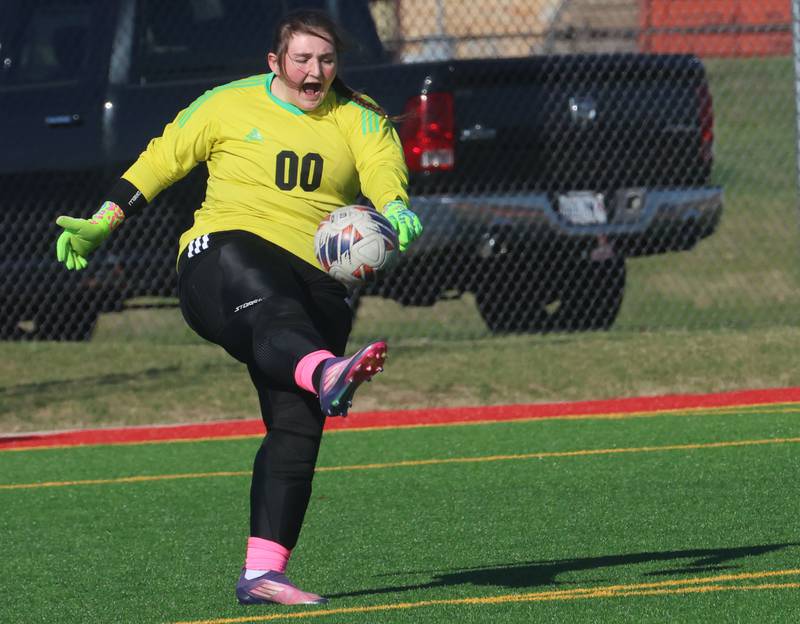 L-P keeper Lily Higgins kicks the ball down the pitch against Streator on Friday, March 27, 2026 at the L-P athletic complex in La Salle.