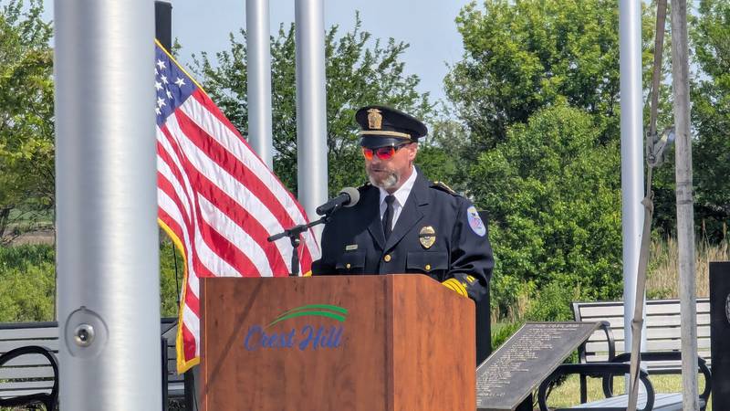 Chief Edward L. Clark III of the Crest Hill Police Department spoke at The city of Crest Hill Veterans/Police Memorial Committee's annual Memorial Day observance on Monday, May 26, 2025, at the Crest Hill Veterans/Police Memorial Garden. Clark reminded attendees that police officers are imperfect people who are sometimes ask to complete "at what might seems to be an impossible task."